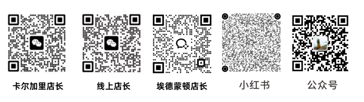 卡尔加里店长、线上店长、埃德蒙顿店长、小红书、公众号二维码